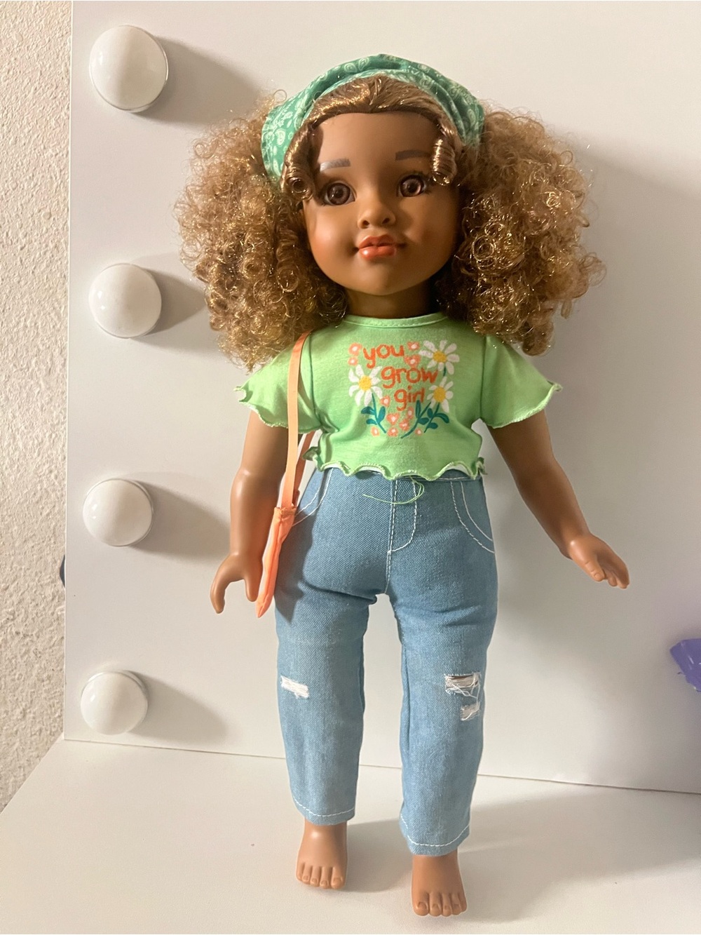 fresh Green Doll Outfit Set with Peach Purse and Denim Pants